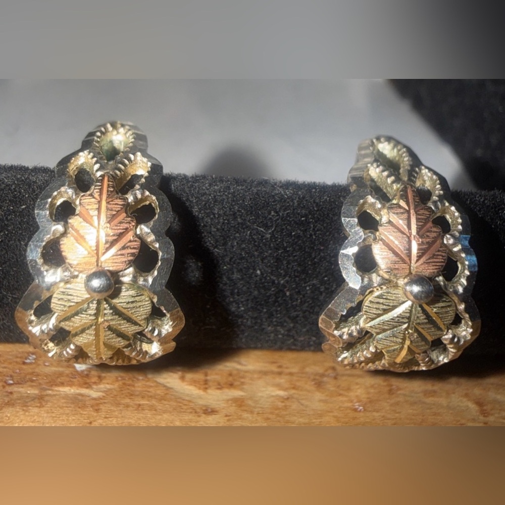 Black Hills Gold Sterling Silver 12kt Gold Leaf Accented Demi-Hoop Earrings